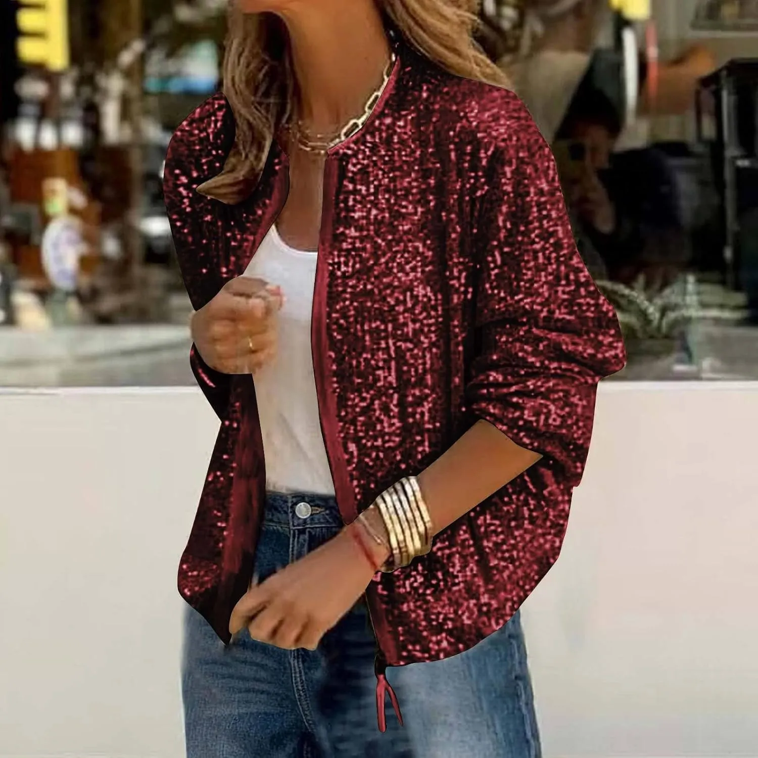 Sequin Jackets for Women Casual Sparkly Zip Up Bomber Jacket Dressy Glitter Loose Coat Outerwear Blazer Party Outfit