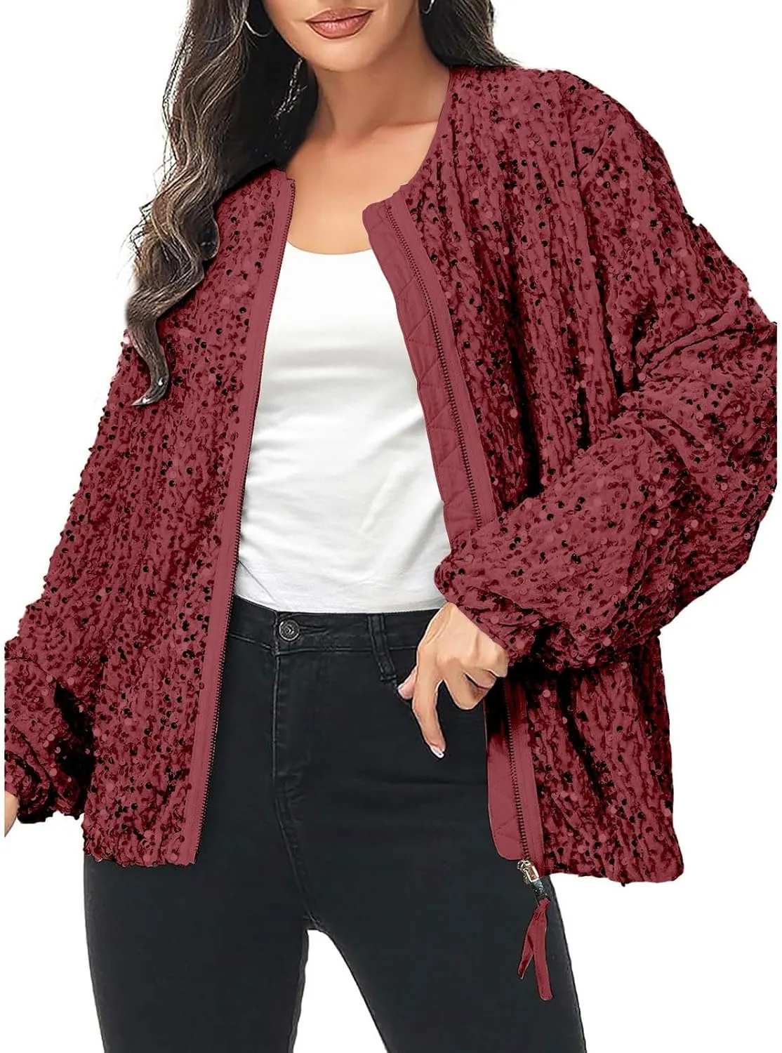 Sequin Jackets for Women Casual Sparkly Zip Up Bomber Jacket Dressy Glitter Loose Coat Outerwear Blazer Party Outfit