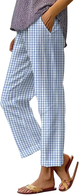 Side Stripe Pants Women for Beach Vacation Clothes for Womens Linen Straight Leg Capri Pants with Pockets