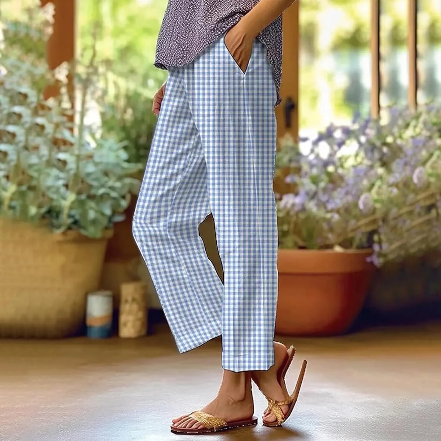 Side Stripe Pants Women for Beach Vacation Clothes for Womens Linen Straight Leg Capri Pants with Pockets
