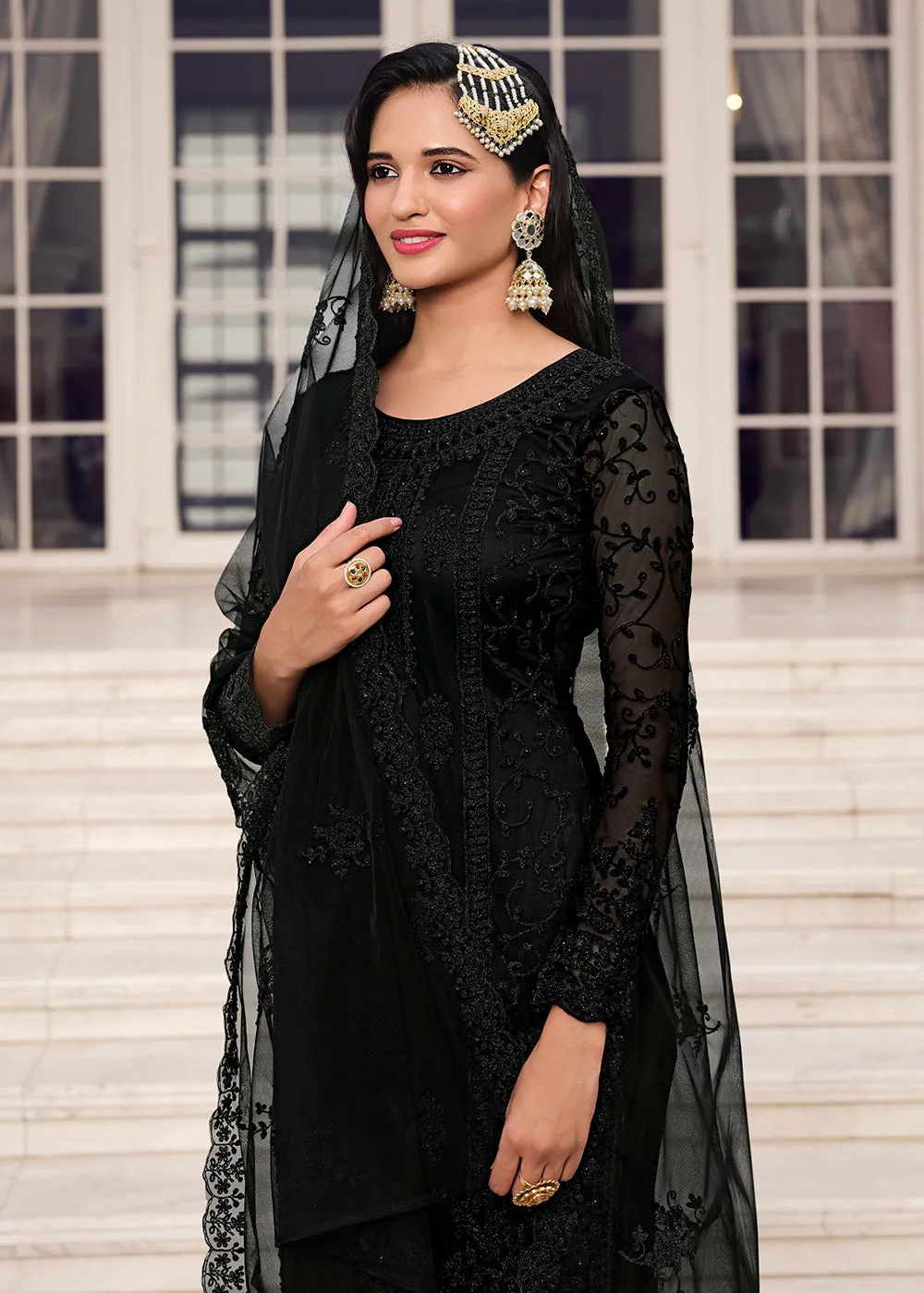 Solid Hot Black Embroidered Pant Style Salwar Suit