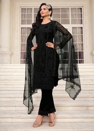 Solid Hot Black Embroidered Pant Style Salwar Suit