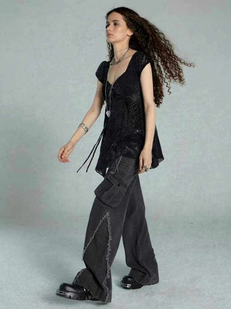 Straight Loose Washed Distressed Trumpet Mop Pants【s0000009022】