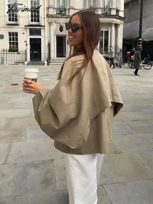 TAVIMART - Women Khaki Cloak Lantern Sleeve Coat Turn Down Collar Short Coat Vintage Lapel Button Accessories Chic Cape Coat Fashion