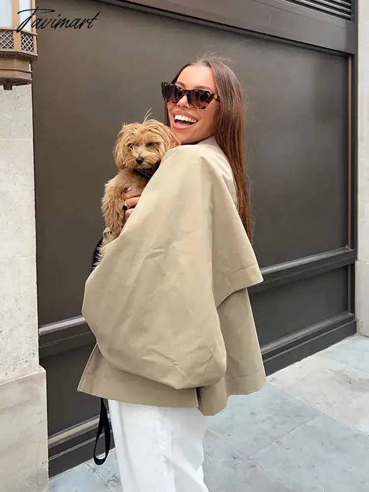 TAVIMART - Women Khaki Cloak Lantern Sleeve Coat Turn Down Collar Short Coat Vintage Lapel Button Accessories Chic Cape Coat Fashion