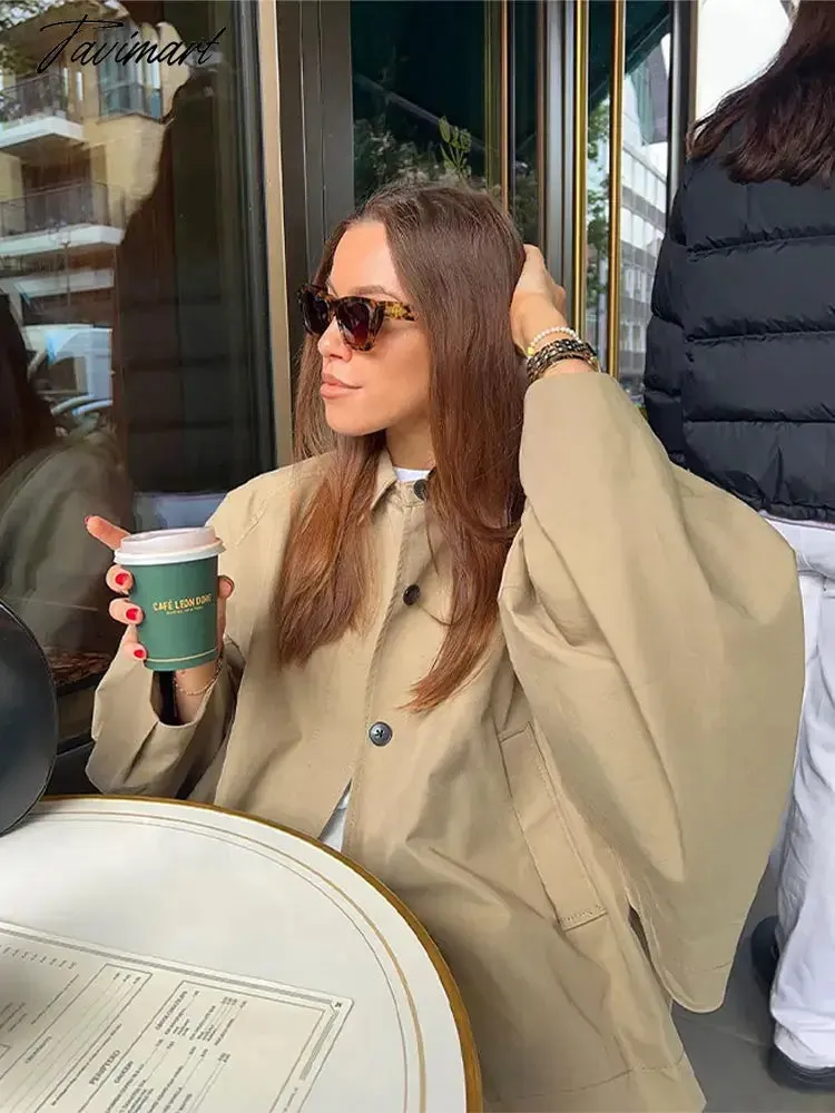TAVIMART - Women Khaki Cloak Lantern Sleeve Coat Turn Down Collar Short Coat Vintage Lapel Button Accessories Chic Cape Coat Fashion