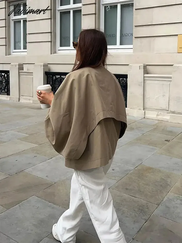 TAVIMART - Women Khaki Cloak Lantern Sleeve Coat Turn Down Collar Short Coat Vintage Lapel Button Accessories Chic Cape Coat Fashion