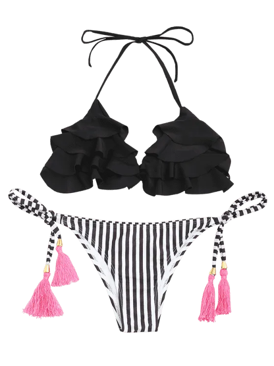 Trendy Striped Ruffles Bathing Suit