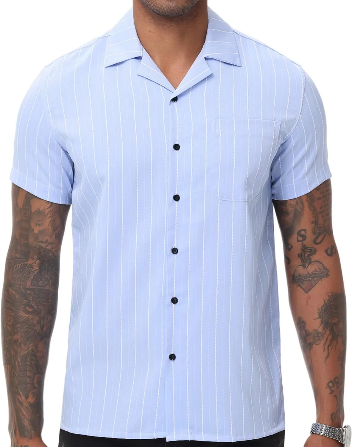 TUNEVUSE Men Hawaiian Shirt Vintage Striped Shirt Short Sleeve Summer Beach Causal Cuban Collar Shirt with Pocket