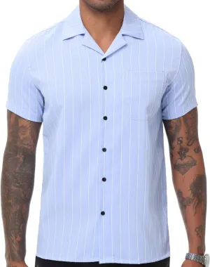 TUNEVUSE Men Hawaiian Shirt Vintage Striped Shirt Short Sleeve Summer Beach Causal Cuban Collar Shirt with Pocket