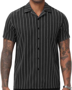 TUNEVUSE Men Hawaiian Shirt Vintage Striped Shirt Short Sleeve Summer Beach Causal Cuban Collar Shirt with Pocket