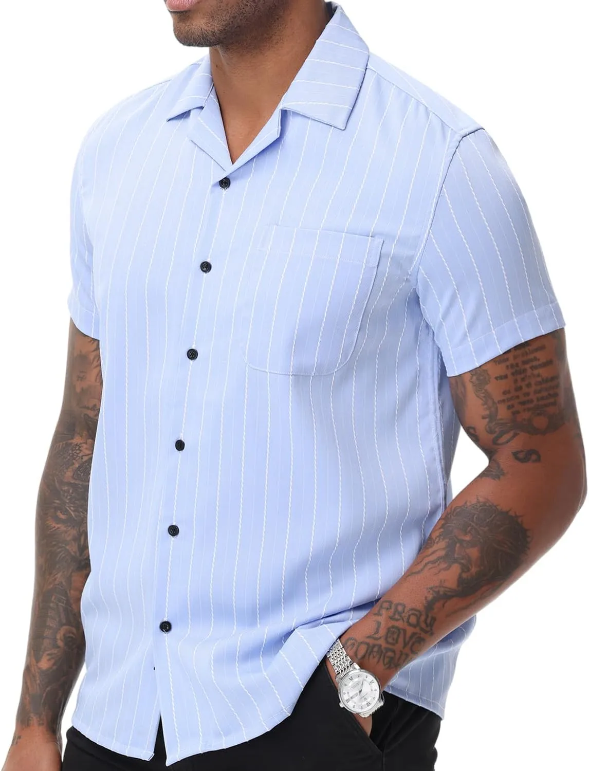 TUNEVUSE Men Hawaiian Shirt Vintage Striped Shirt Short Sleeve Summer Beach Causal Cuban Collar Shirt with Pocket