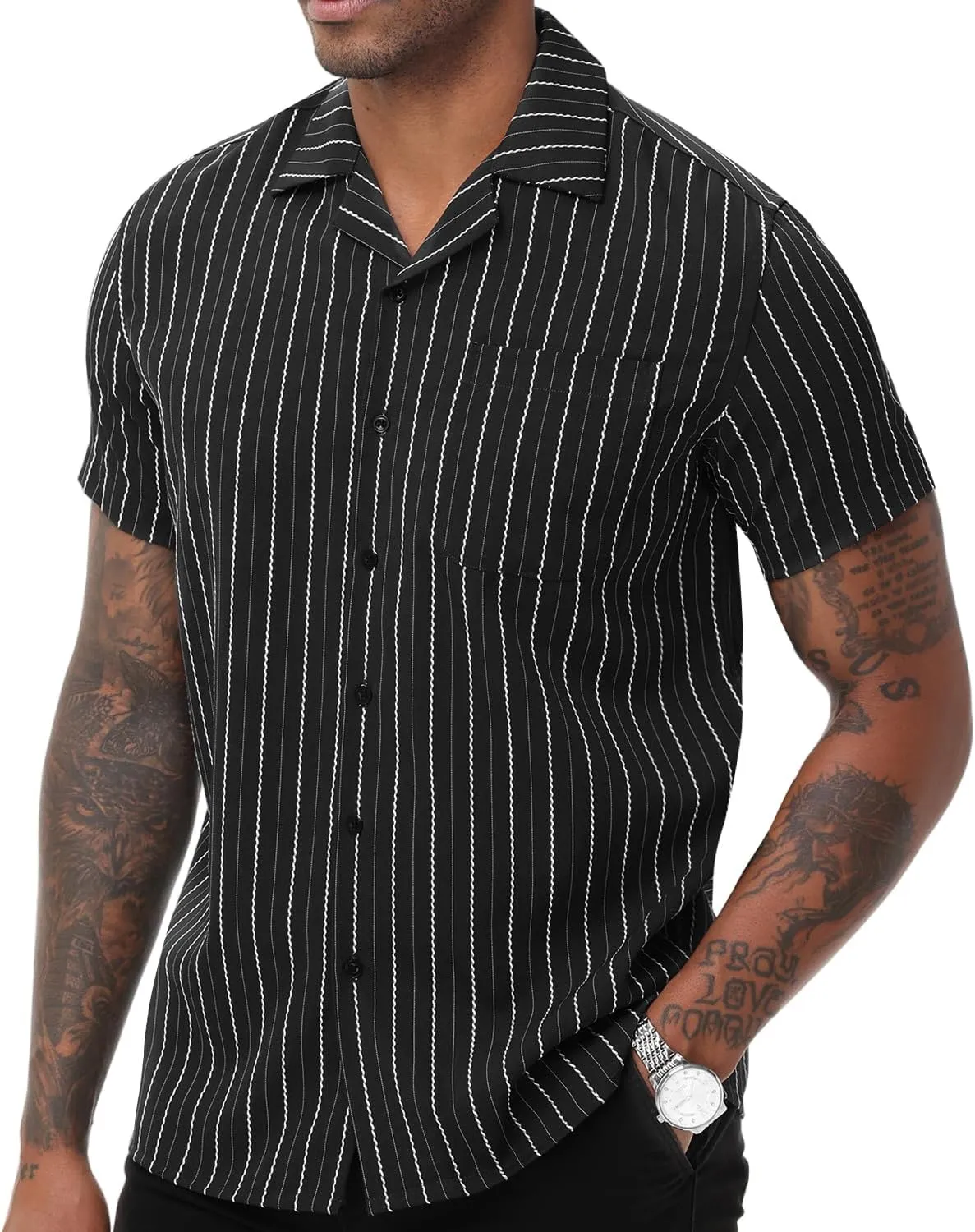 TUNEVUSE Men Hawaiian Shirt Vintage Striped Shirt Short Sleeve Summer Beach Causal Cuban Collar Shirt with Pocket