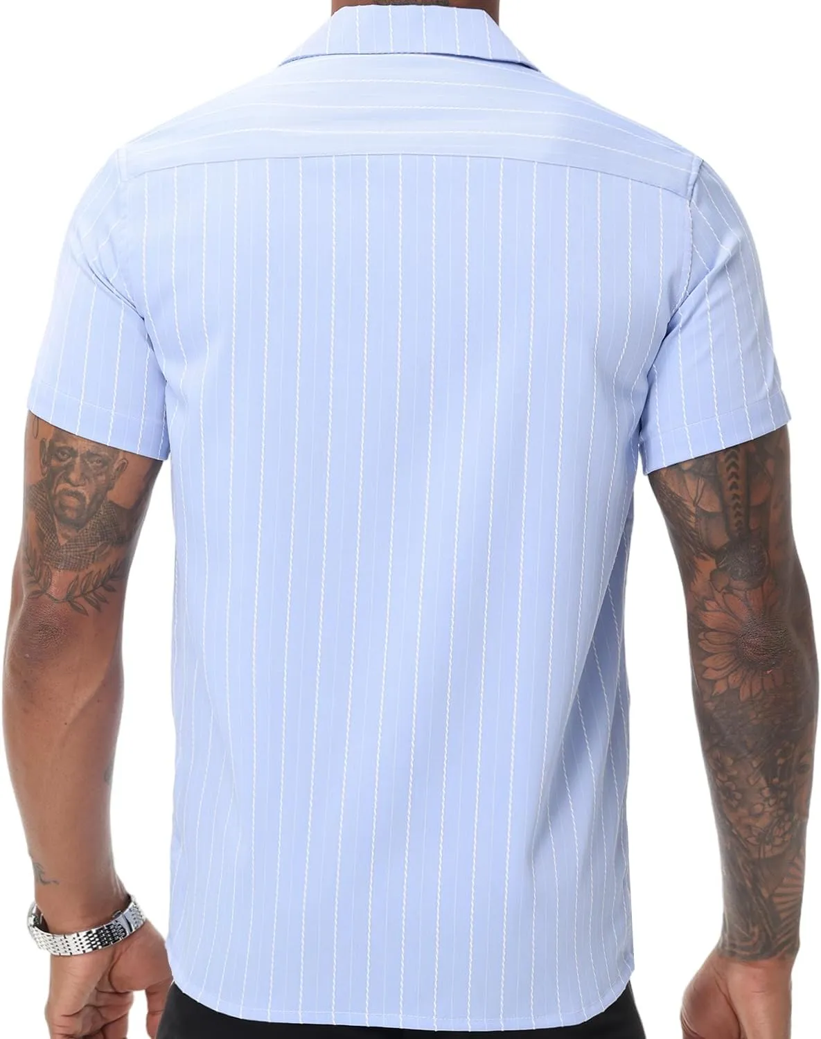 TUNEVUSE Men Hawaiian Shirt Vintage Striped Shirt Short Sleeve Summer Beach Causal Cuban Collar Shirt with Pocket