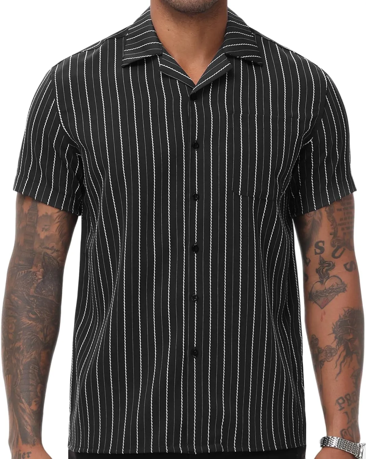 TUNEVUSE Men Hawaiian Shirt Vintage Striped Shirt Short Sleeve Summer Beach Causal Cuban Collar Shirt with Pocket
