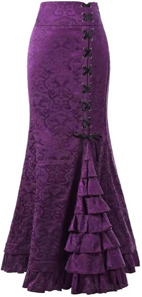 Victorian Pencil Skirt for Women Vintage Steampunk Lace up Tiered Ruffle Maxi Skirts High Waisted Long Mermaid Fishtail Skirt