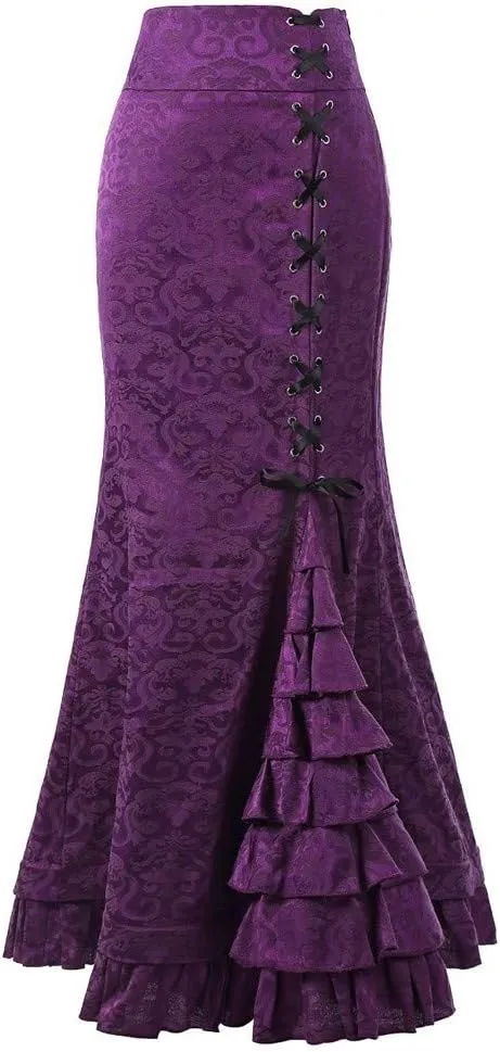 Victorian Pencil Skirt for Women Vintage Steampunk Lace up Tiered Ruffle Maxi Skirts High Waisted Long Mermaid Fishtail Skirt