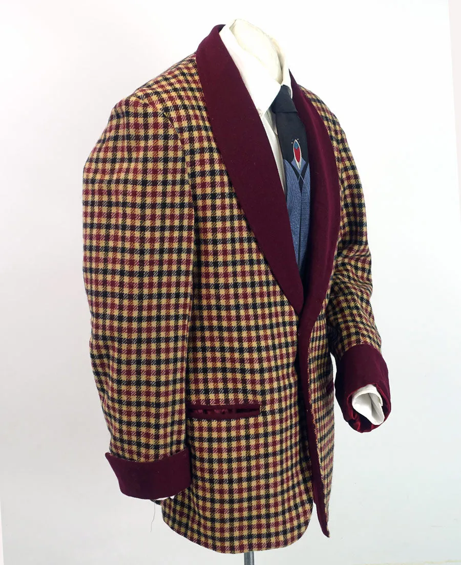 Vintage Mens Lounging Jacket Wool Check Maroon Tan Black Large Robe VFG