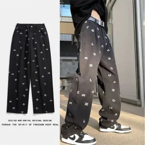 Wiaofellas   -  American Vintage Jeans Men's Spring New High Street Hip Hop Straight Loose Wide Leg Pants Fashion Letter Baggy Black Pants