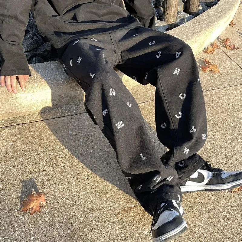 Wiaofellas   -  American Vintage Jeans Men's Spring New High Street Hip Hop Straight Loose Wide Leg Pants Fashion Letter Baggy Black Pants