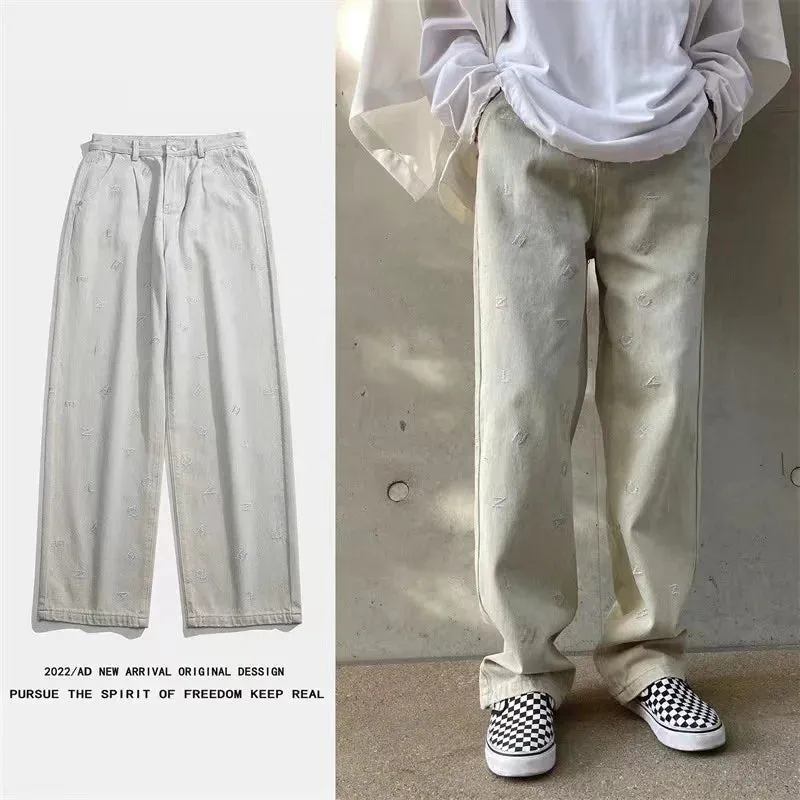 Wiaofellas   -  American Vintage Jeans Men's Spring New High Street Hip Hop Straight Loose Wide Leg Pants Fashion Letter Baggy Black Pants