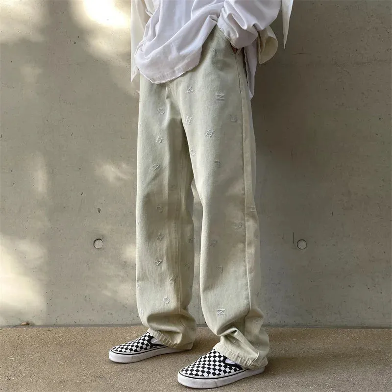 Wiaofellas   -  American Vintage Jeans Men's Spring New High Street Hip Hop Straight Loose Wide Leg Pants Fashion Letter Baggy Black Pants