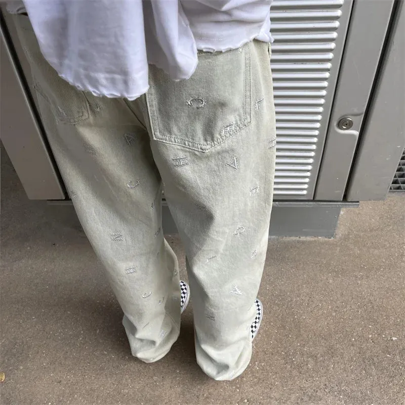 Wiaofellas   -  American Vintage Jeans Men's Spring New High Street Hip Hop Straight Loose Wide Leg Pants Fashion Letter Baggy Black Pants