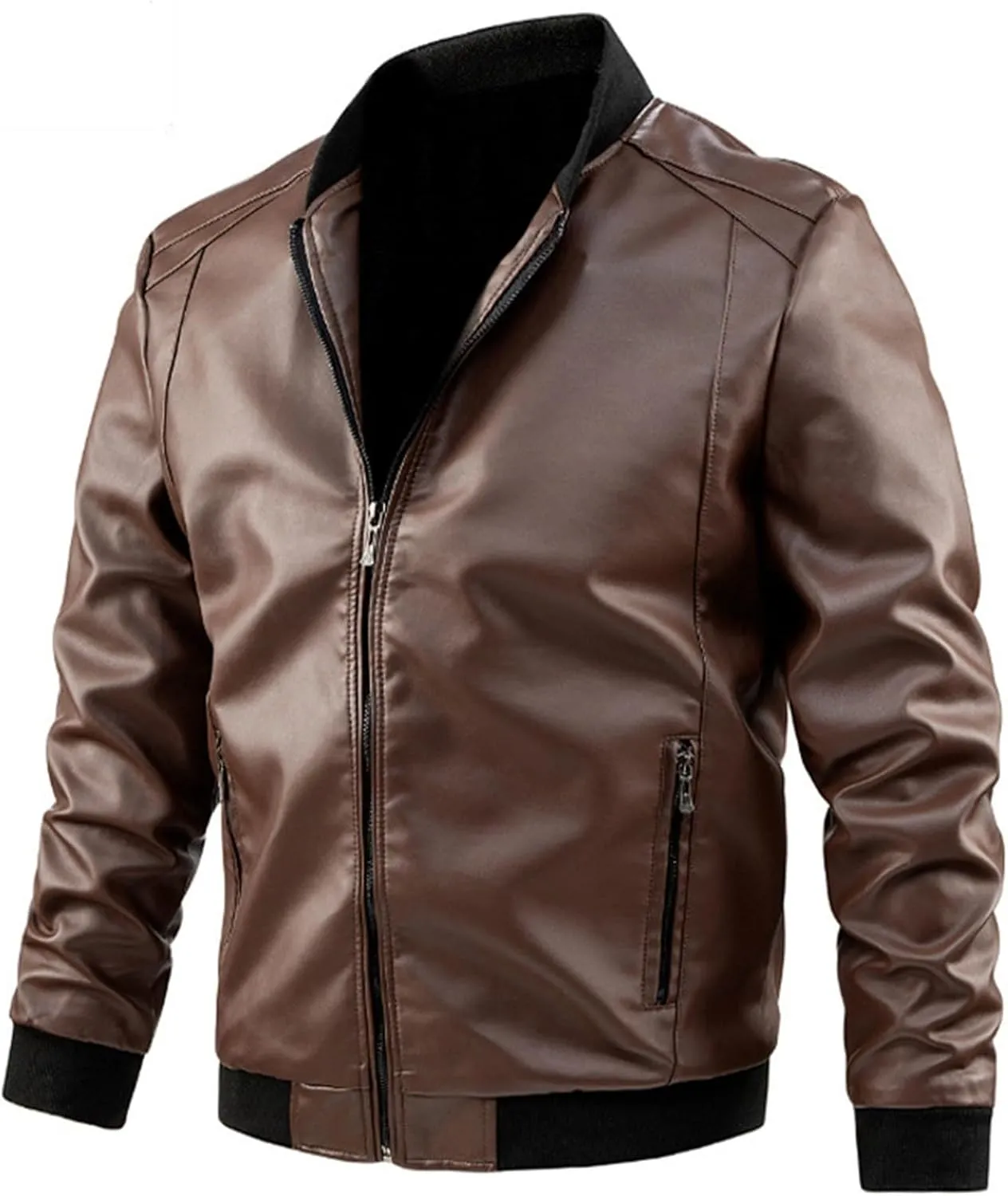 Winter Jackets for Men Loose Solid Color Zip PU Leather Jacket Short Lapel Motorcycle Leather Jacket Coat Leather
