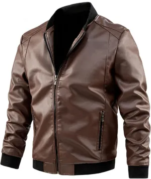 Winter Jackets for Men Loose Solid Color Zip PU Leather Jacket Short Lapel Motorcycle Leather Jacket Coat Leather