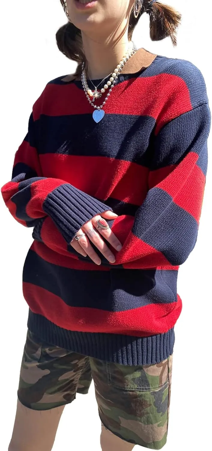 Women 90s Striped Knit Sweater Y2k Long Sleeve Oversized Pullover Sweaters Streetwear Fall Winter Knitwear