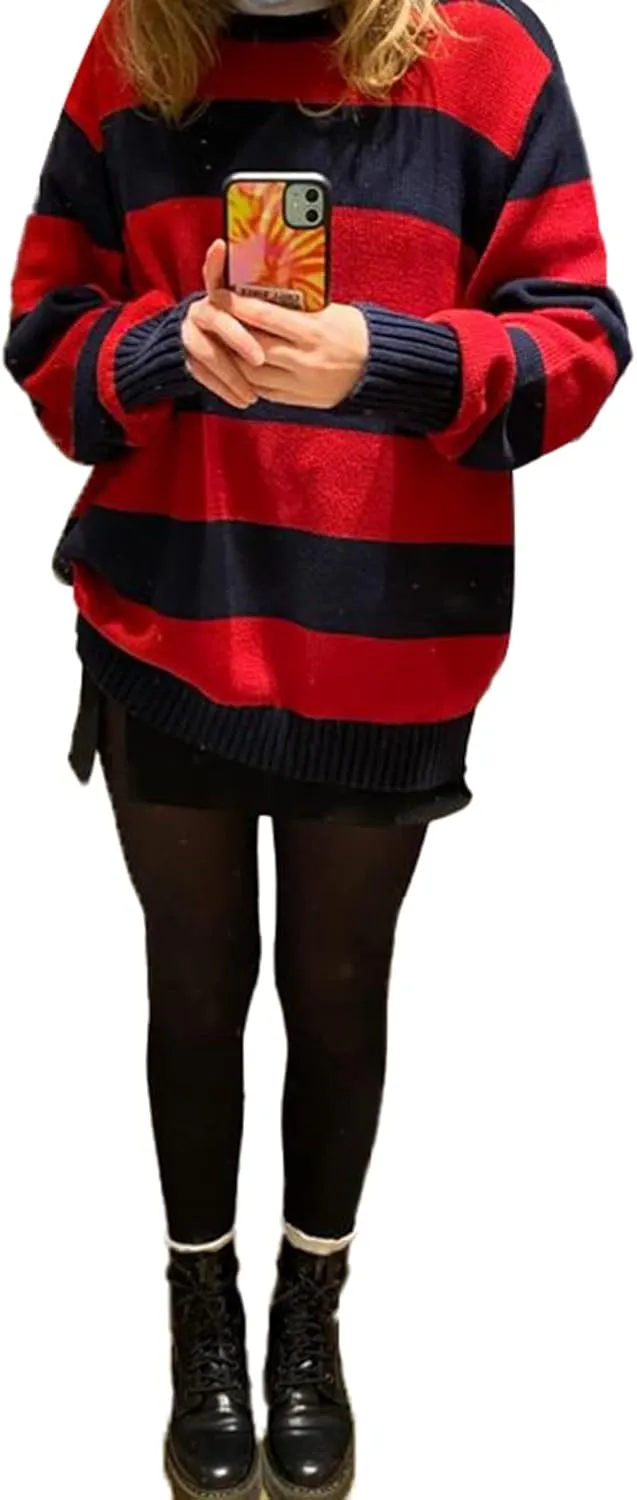 Women 90s Striped Knit Sweater Y2k Long Sleeve Oversized Pullover Sweaters Streetwear Fall Winter Knitwear