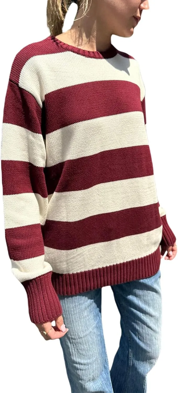 Women 90s Striped Knit Sweater Y2k Long Sleeve Oversized Pullover Sweaters Streetwear Fall Winter Knitwear