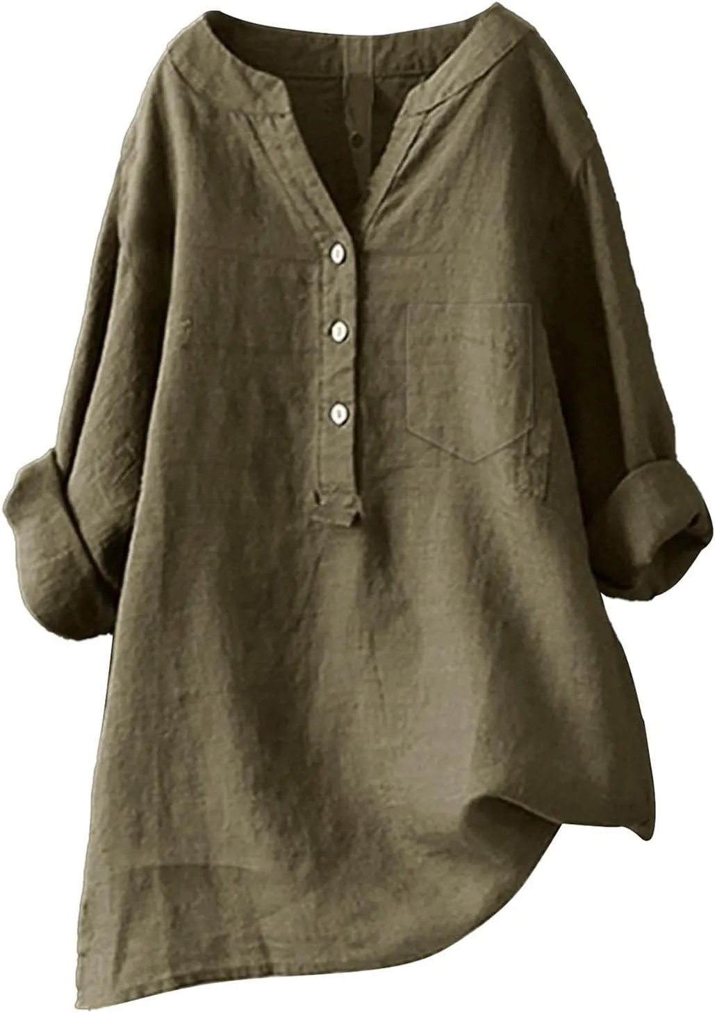 Womens Cotton Linen Shirts 3/4 Roll Up Sleeve Casual V Neck Button Up Dressy Blouses Summer Vacation Oversized Tshirt
