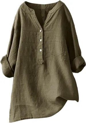 Womens Cotton Linen Shirts 3/4 Roll Up Sleeve Casual V Neck Button Up Dressy Blouses Summer Vacation Oversized Tshirt