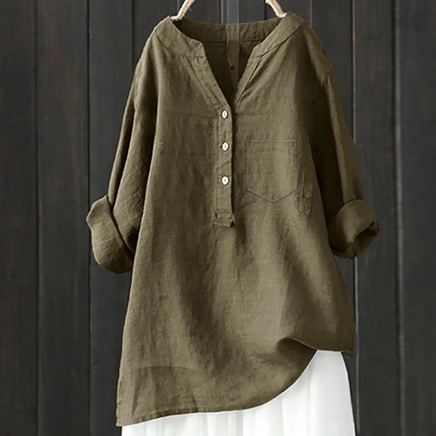 Womens Cotton Linen Shirts 3/4 Roll Up Sleeve Casual V Neck Button Up Dressy Blouses Summer Vacation Oversized Tshirt