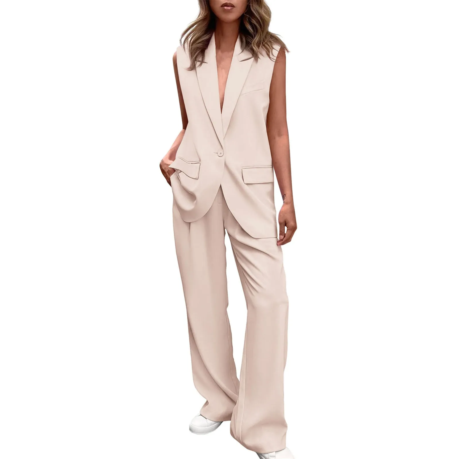 Women's Fashion Sleeveless Small Suit Straight-leg Trousers Suit