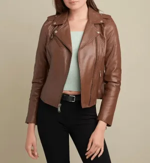 Womens Light Brown Leather Biker Jacket