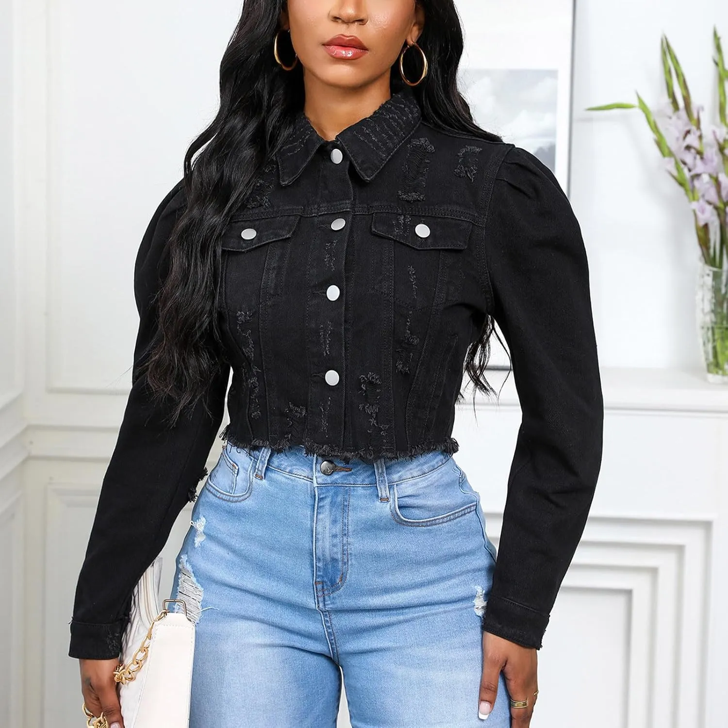 Women's Long Sleeve Ripped Cropped Jean Jacket Vintage Distressed Frayed Hem Lapel Button Down Front Denim Coat Top