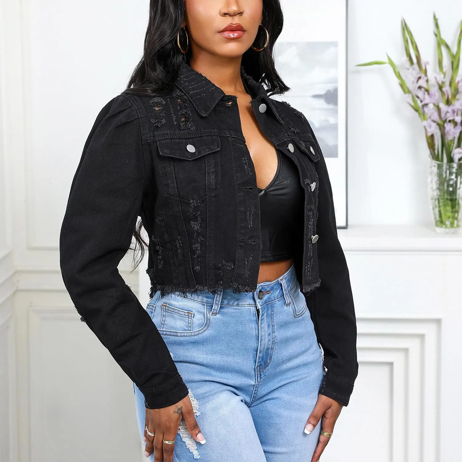 Women's Long Sleeve Ripped Cropped Jean Jacket Vintage Distressed Frayed Hem Lapel Button Down Front Denim Coat Top