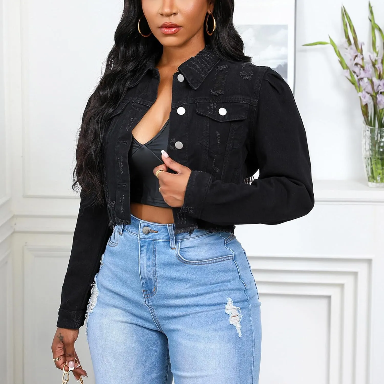 Women's Long Sleeve Ripped Cropped Jean Jacket Vintage Distressed Frayed Hem Lapel Button Down Front Denim Coat Top