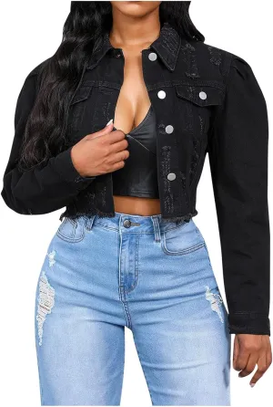 Women's Long Sleeve Ripped Cropped Jean Jacket Vintage Distressed Frayed Hem Lapel Button Down Front Denim Coat Top