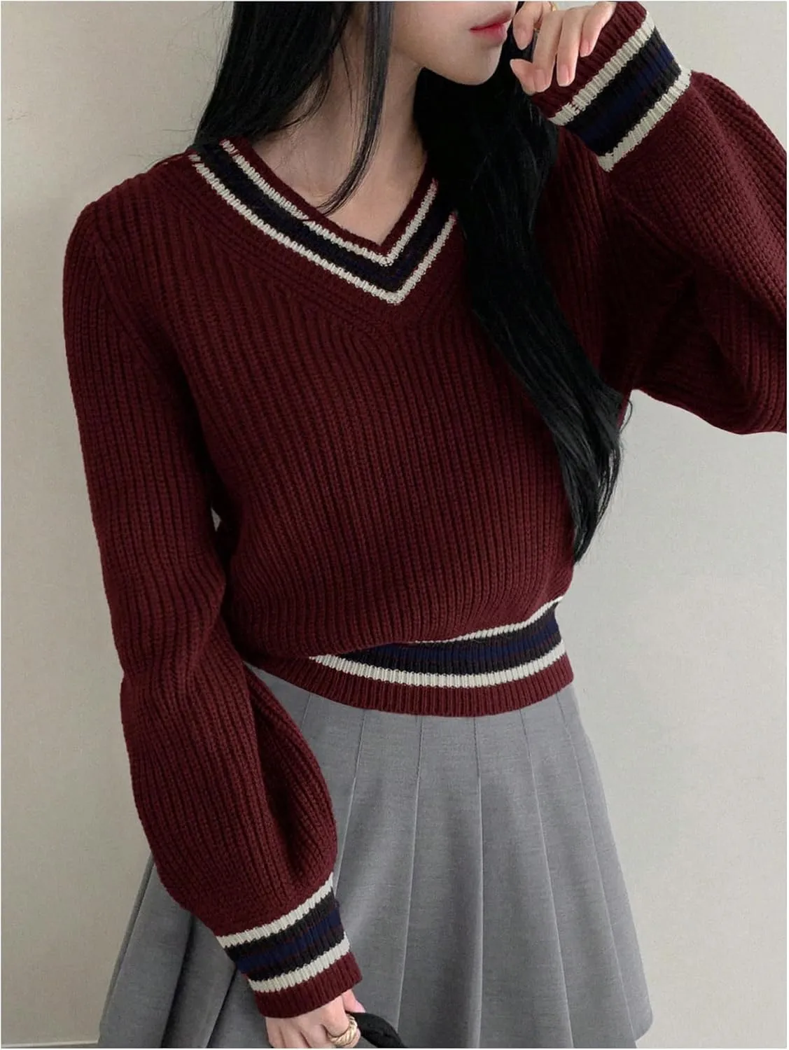 Women's Striped V Neck Pullover Sweaters Long Sleeve Color Block Knit Jumper Tops