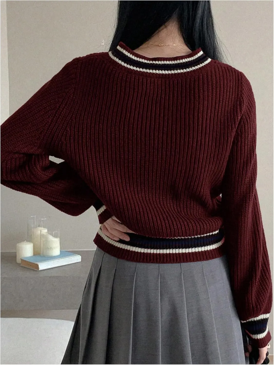 Women's Striped V Neck Pullover Sweaters Long Sleeve Color Block Knit Jumper Tops