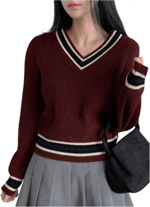 Women's Striped V Neck Pullover Sweaters Long Sleeve Color Block Knit Jumper Tops