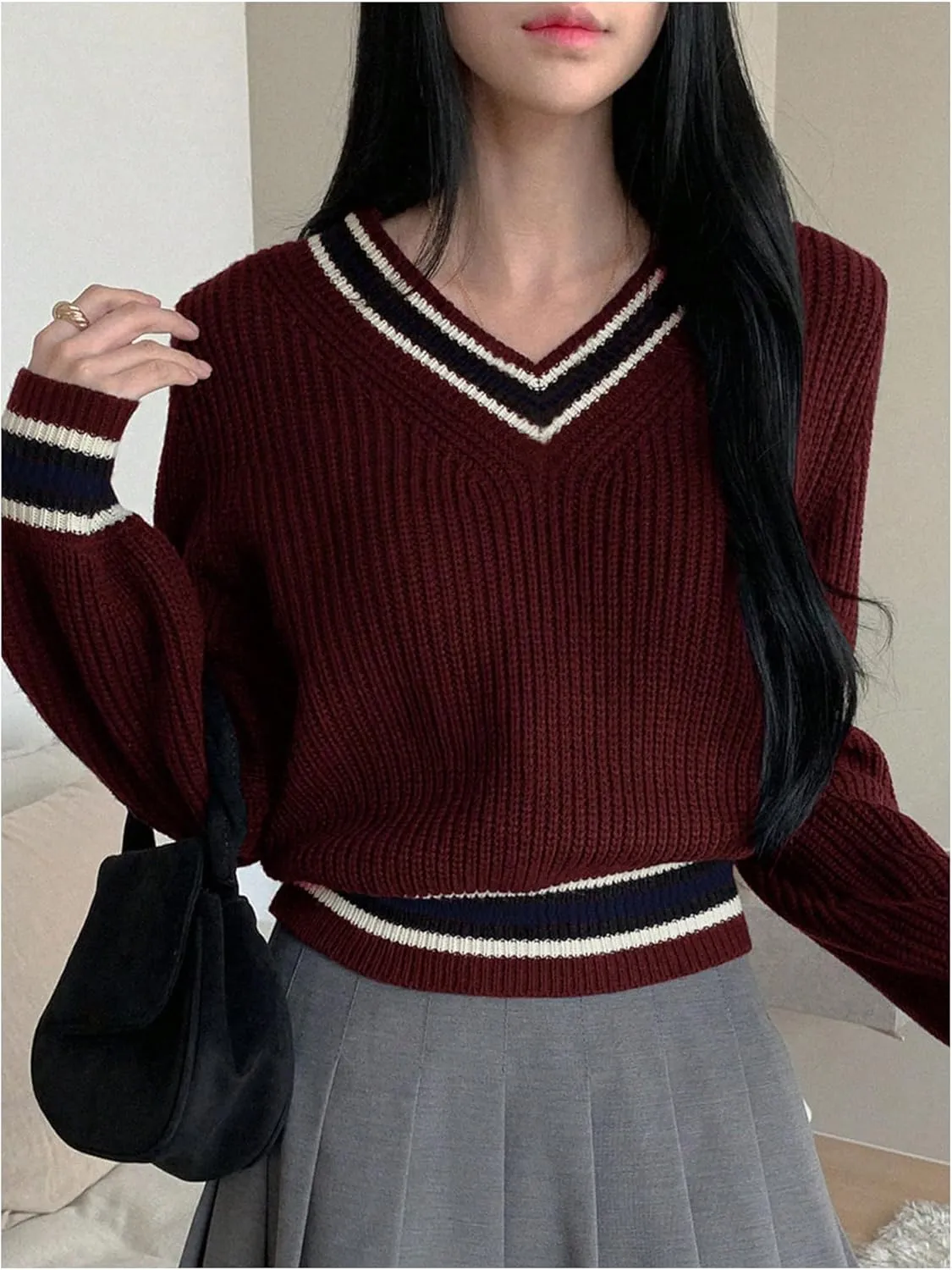 Women's Striped V Neck Pullover Sweaters Long Sleeve Color Block Knit Jumper Tops
