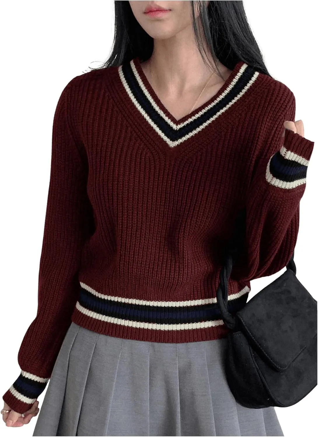 Women's Striped V Neck Pullover Sweaters Long Sleeve Color Block Knit Jumper Tops