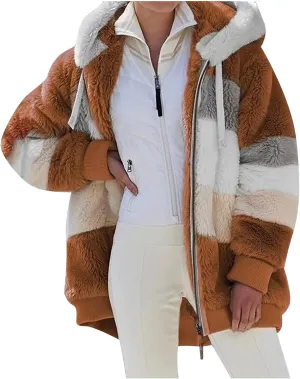 Womens Winter Jacket Plus Size Color Block Full Zip Fleece Jackets Long Sleeve Hooded Coats with Pockets Outdoor