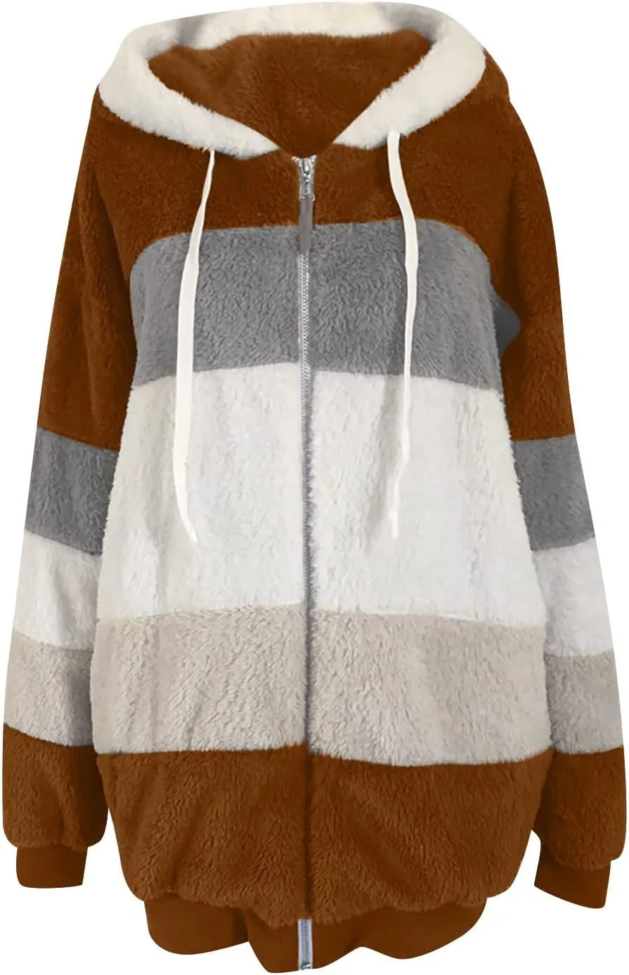 Womens Winter Jacket Plus Size Color Block Full Zip Fleece Jackets Long Sleeve Hooded Coats with Pockets Outdoor