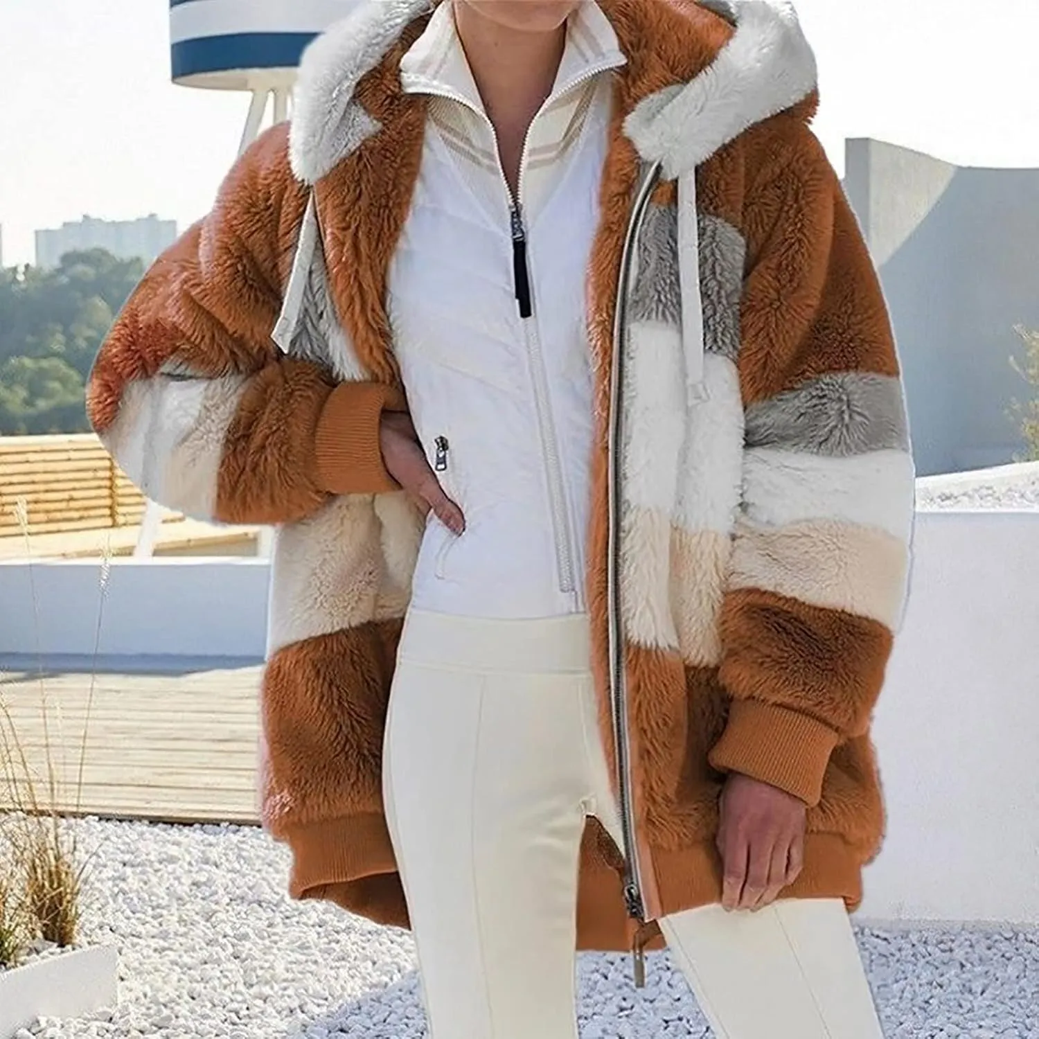 Womens Winter Jacket Plus Size Color Block Full Zip Fleece Jackets Long Sleeve Hooded Coats with Pockets Outdoor