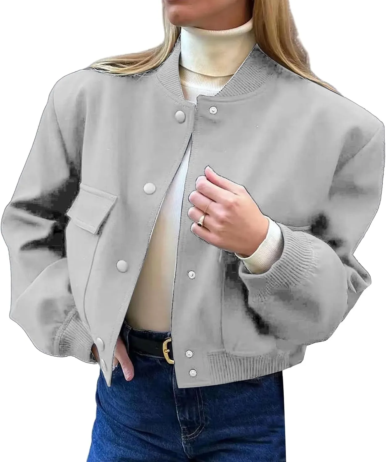 ZWRXW Womens Cropped Bomber Jacket Casual Long Sleeve Button Down Outwear Solid Baseball Varsity Jackets with Pockets